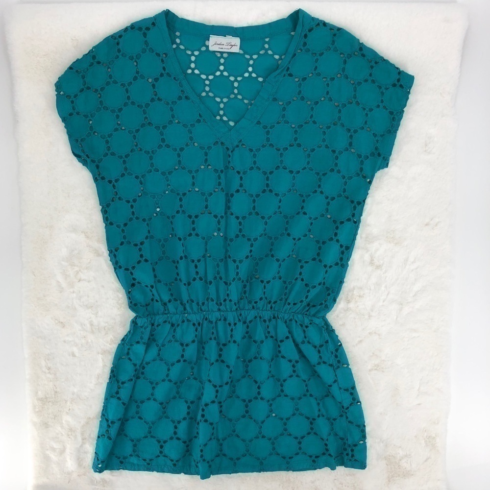 Jordan Taylor Women’s L Blue Eyelet Swim Coverup V Neck Sleeveless Summer Top - Picture 2 of 7